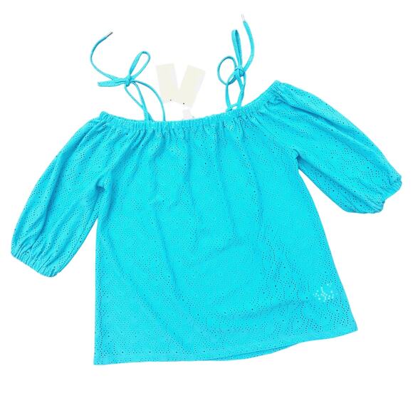Michael Kors Women Turquoise Eyelet Jersey Relaxed Off-The-Shoulder Top Size XS - Picture 1 of 3